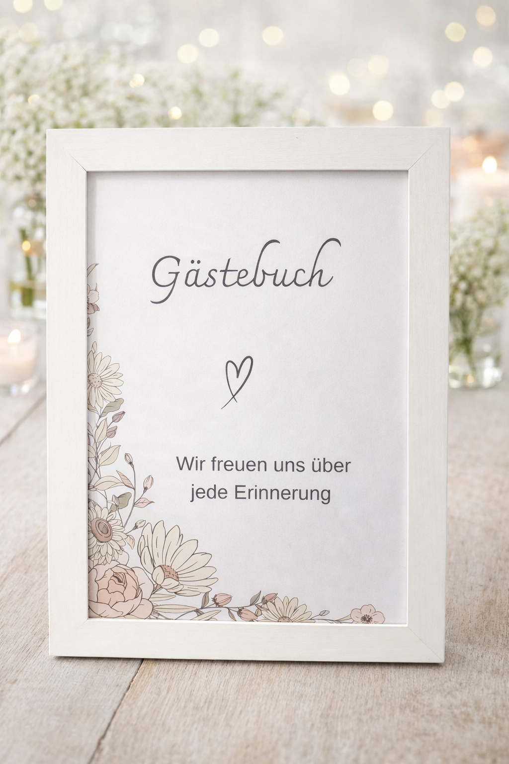 Schild Gästebuch Hochzeit im Bilderrahmen – Floral Beige