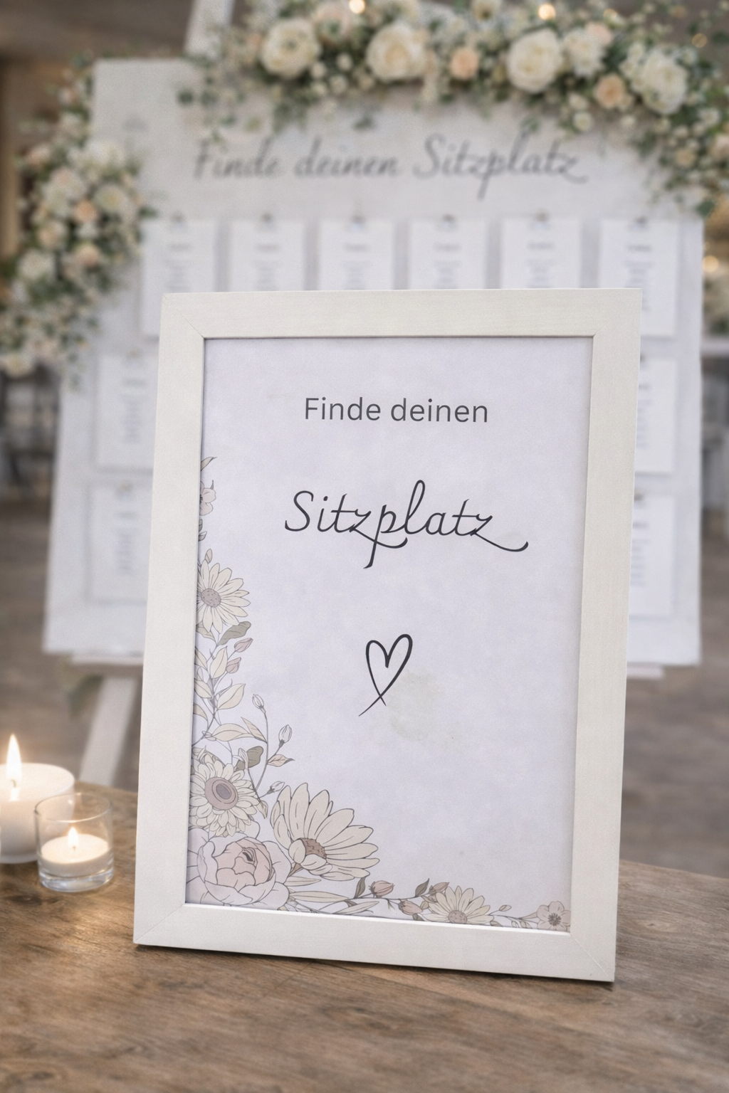 Schild „Finde deinen Sitzplatz“ Hochzeit – Florales Sitzplan Schild im Rahmen