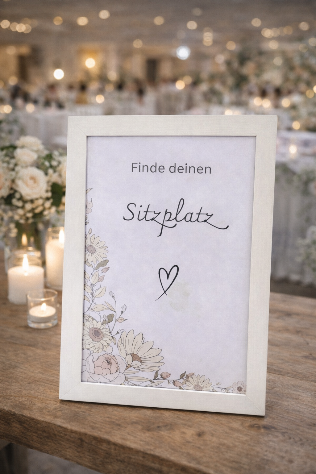Schild „Finde deinen Sitzplatz“ Hochzeit – Florales Sitzplan Schild im Rahmen
