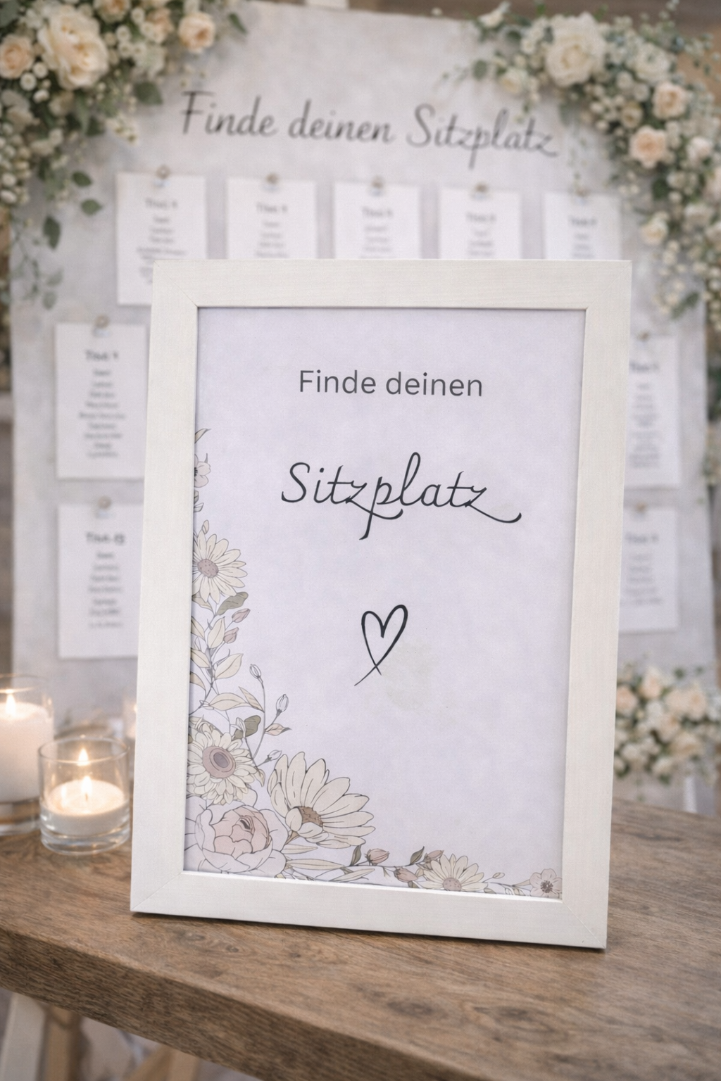 Schild „Finde deinen Sitzplatz“ Hochzeit – Florales Sitzplan Schild im Rahmen