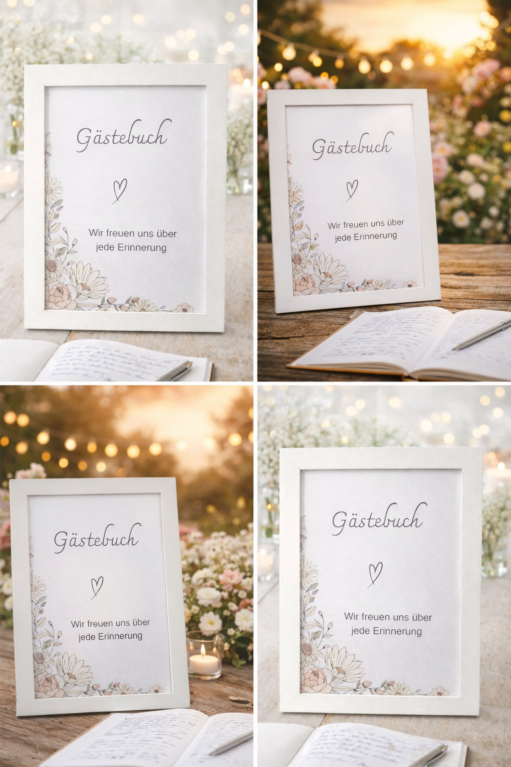 Schild Gästebuch Hochzeit im Bilderrahmen – Floral Beige