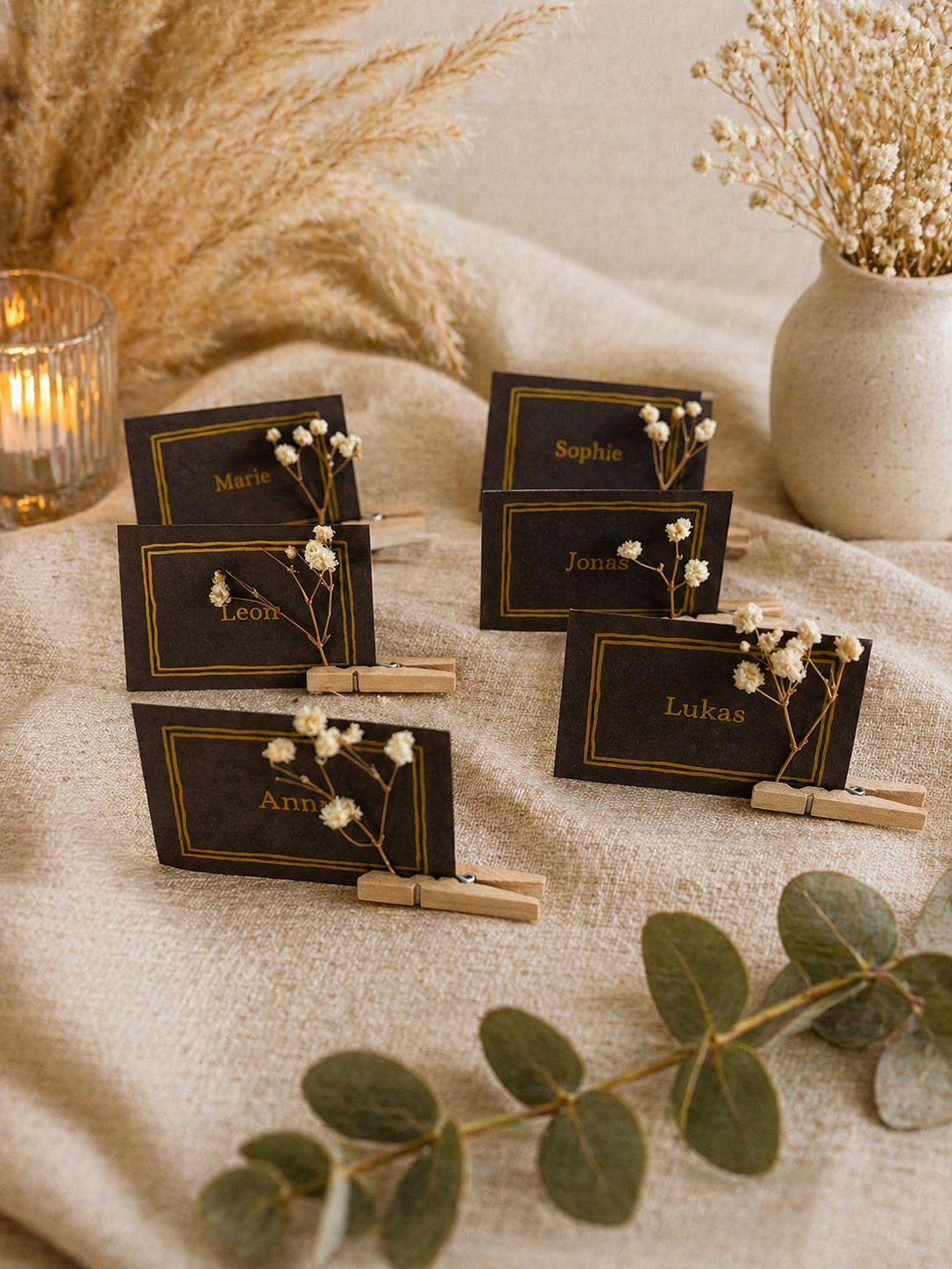 Personalisierte Tischkarten mit Trockenblumen | Elegante Namenskarten Hochzeit | Boho & Vintage Deko